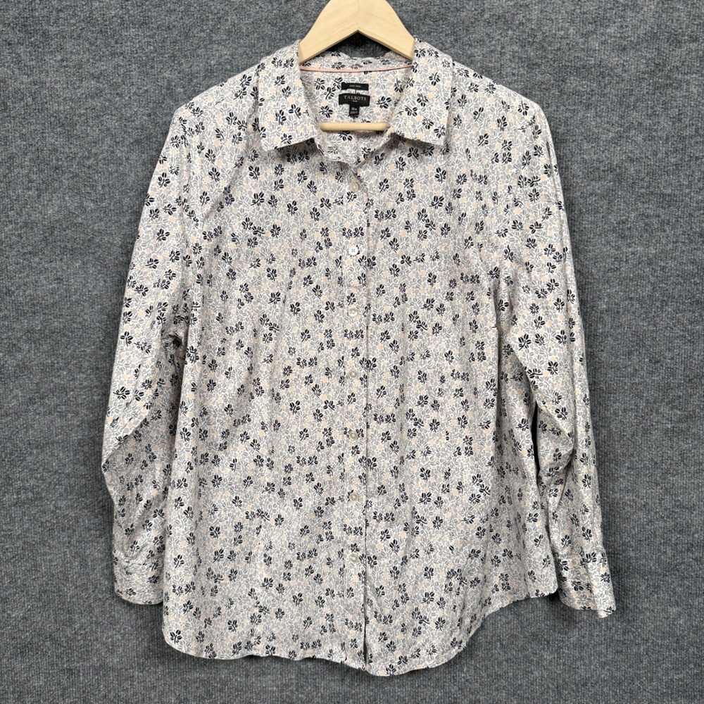 Talbots Womens Plus‎ Size 18W Shirt Cream Black Floral Cotton Blend Button Up